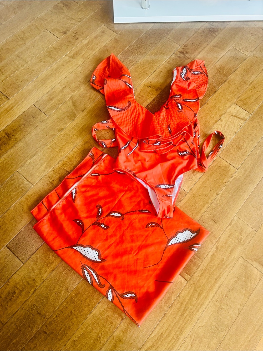 Women's Orange One-Piece Swimsuit with Ruffle Straps